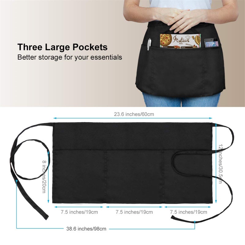 Will Well 2 Pack Waitress Apron with 3 Pockets - Water & Oil Resistant - Black Waist Aprons for Servers - Half Aprons for Women - 12 Inch - Image 4